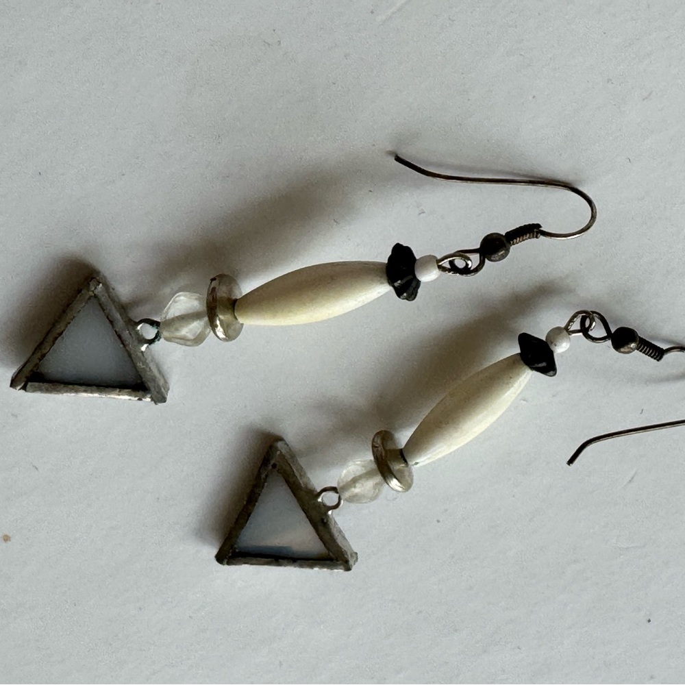 Silver and Cream Triangle Dangle Earrings - Picture 2 of 6